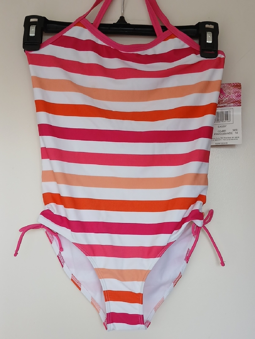 KANU SURF Sassy Girls Pink/Orange Striped One Piece Swimsuit Size 14 NWT